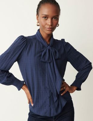 Finery London Women's Checked Tie Neck Blouse - 18 - Navy Mix, Navy Mix
