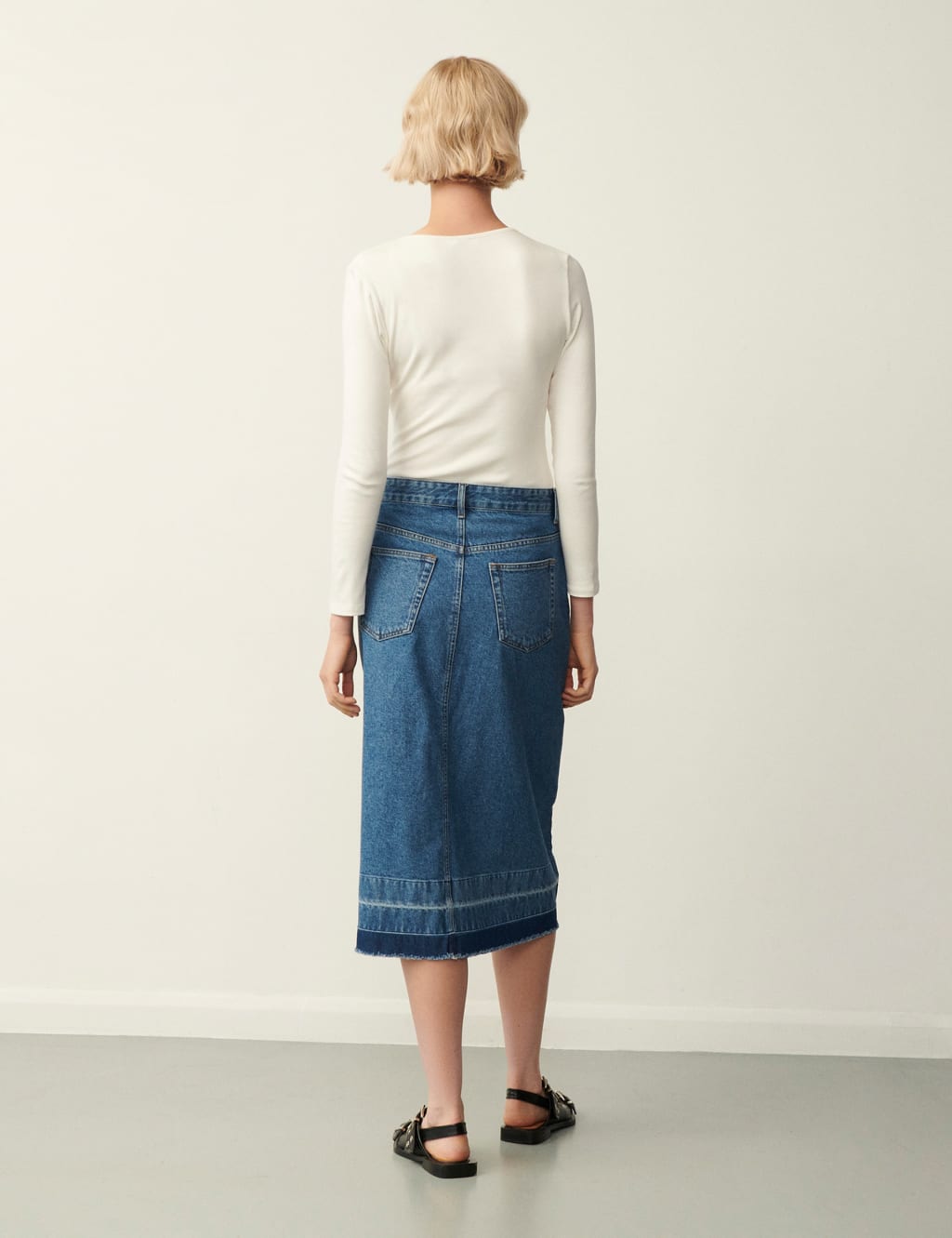 Denim Split Front Midi A-Line Skirt image 3
