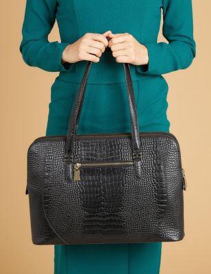 Jones Bootmaker Womens Leather Croc Effect Tote Bag - Black, Black,Tan