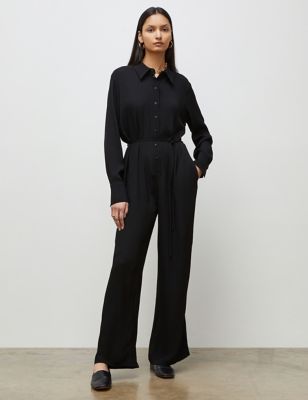 Finery London Womens Belted Button Front Wide Leg Jumpsuit - 12 - Black, Black