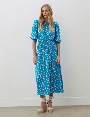 Finery London Womens Floral Tie Neck Midaxi Waisted Dress - 8 - Blue Mix, Blue Mix