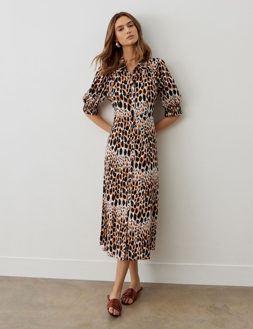 Leopard Print Collared Midi Shirt Dress