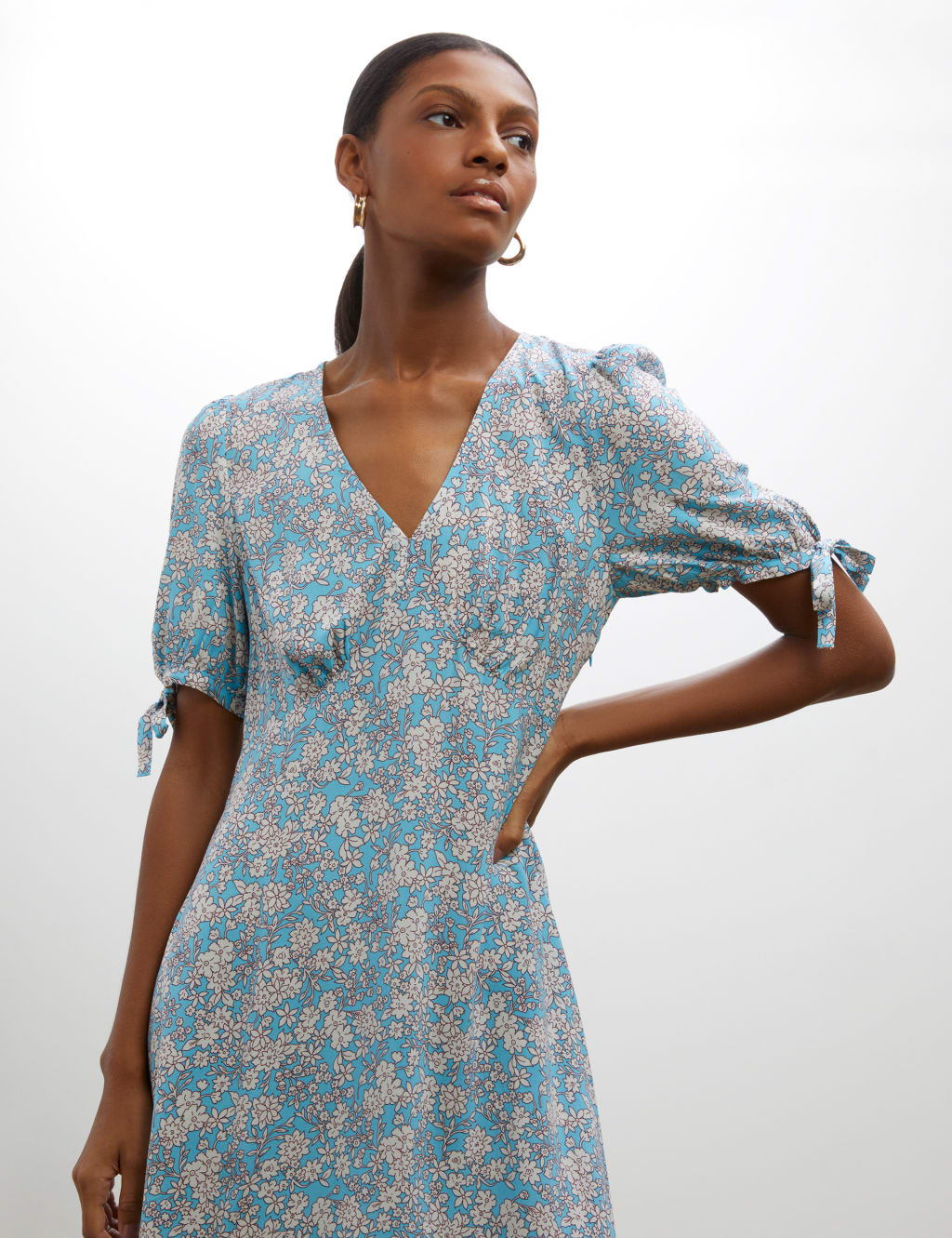 Floral V-Neck Tie Sleeve Midi Tea Dress image 3