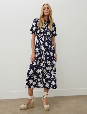 Finery London Womens Floral Puff Sleeve Midi Shirt Dress - 18 - Navy Mix, Navy Mix