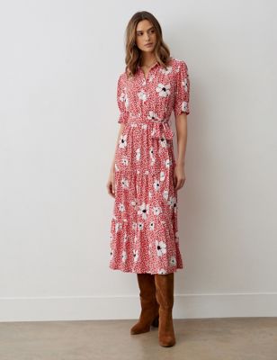 Finery London Women's Floral Collared Midi Tiered Dress - 8 - Red Mix, Red Mix