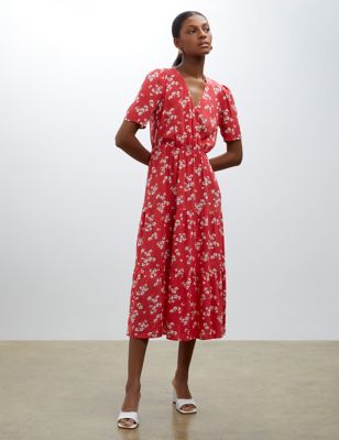 Finery London Womens Floral V-Neck Midi Waisted Tiered Dress - 14 - Red Mix, Red Mix