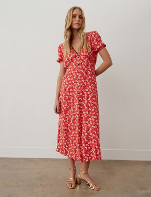 Finery London Womens Floral V-Neck Midaxi Tea Dress - 20 - Red Mix, Red Mix