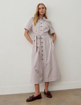 Finery London Womens Pure Cotton Striped Midaxi Shirt Dress - 8 - Brown Mix, Brown Mix