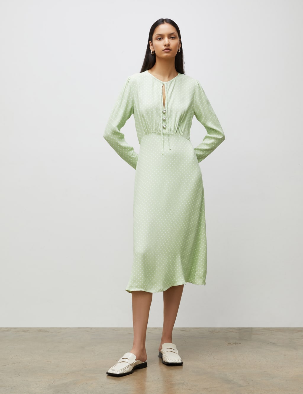 Polka Dot Tie Neck Midi Waisted Dress image 1