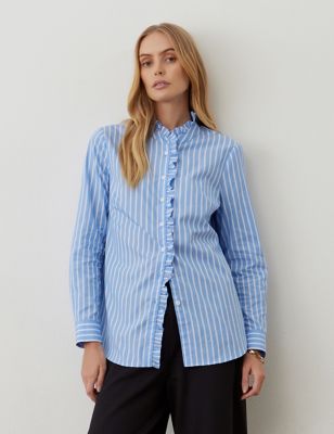 Finery London Womens Pure Cotton Striped High Neck Ruffle Shirt - 14 - Blue Mix, Blue Mix