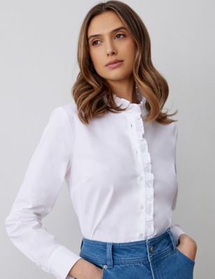 Finery London Womens Pure Cotton High Neck Ruffle Shirt - 14 - White, White