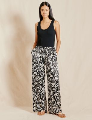 Albaray Women's Floral Print Wide Leg Trousers - 10 - Black Mix, Black Mix
