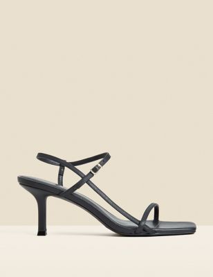 Sosandar Womens Leather Stiletto Heel Square Toe Sandals - 8 - Black, Black