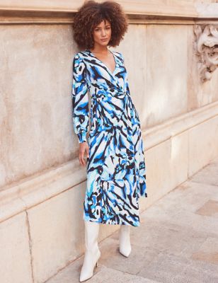 Sosandar Womens Jersey Printed V-Neck Midi Wrap Dress - 6 - Blue Mix, Blue Mix