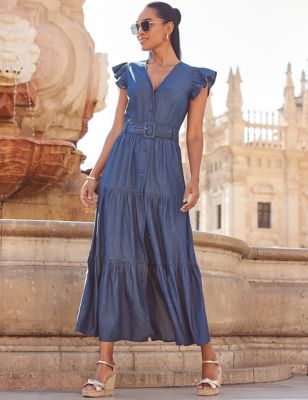 Sosandar Women's Cotton Rich V-Neck Maxi Tiered Dress - 14 - Indigo, Indigo
