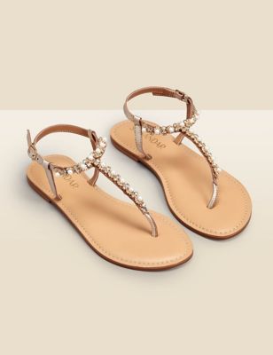 Sosandar Womens Leather Sparkle Flat Toe Thong Sandals - 3 - Gold, Gold