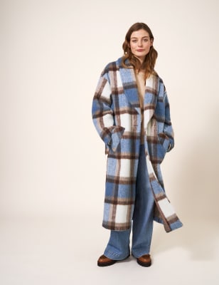 Checked Shawl Collar Longline Coat with Wool | White Stuff | M&S