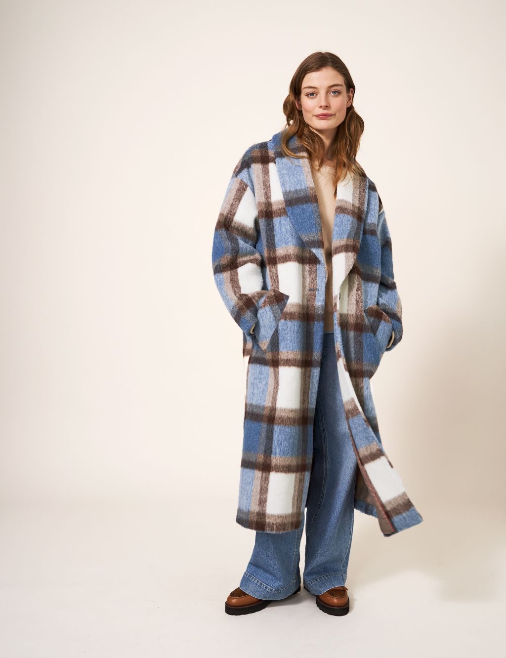Checked Shawl Collar Longline Coat with Wool image 1