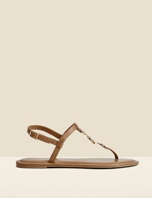 Sosandar Women's Leather Ankle Strap Flat Toe Thong Sandals - 5 - Tan, Tan