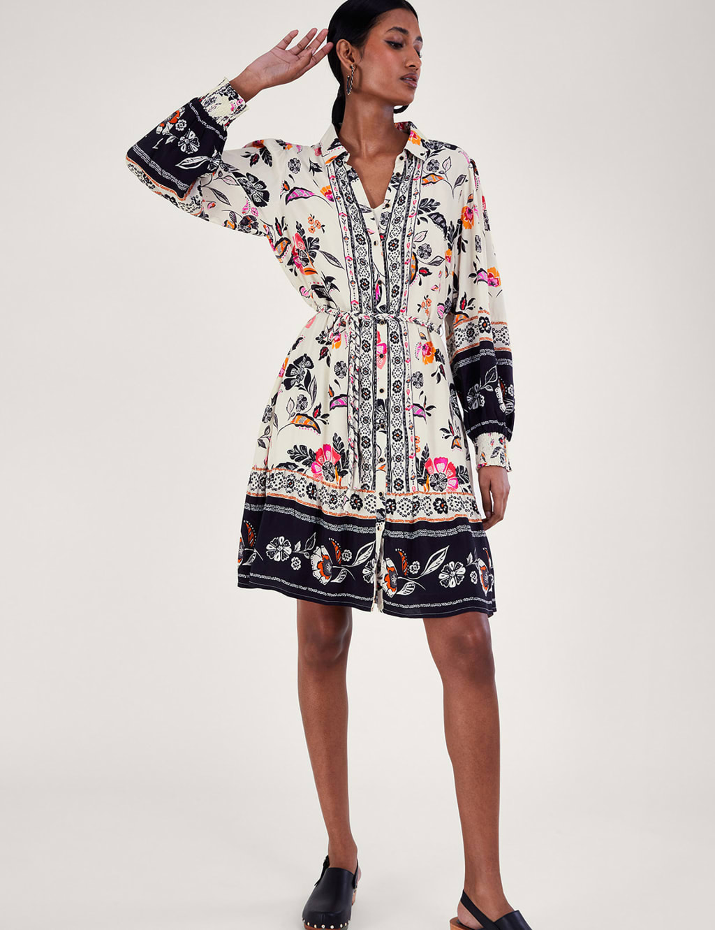 Floral Tie Waist Knee Length Shirt Dress image 1