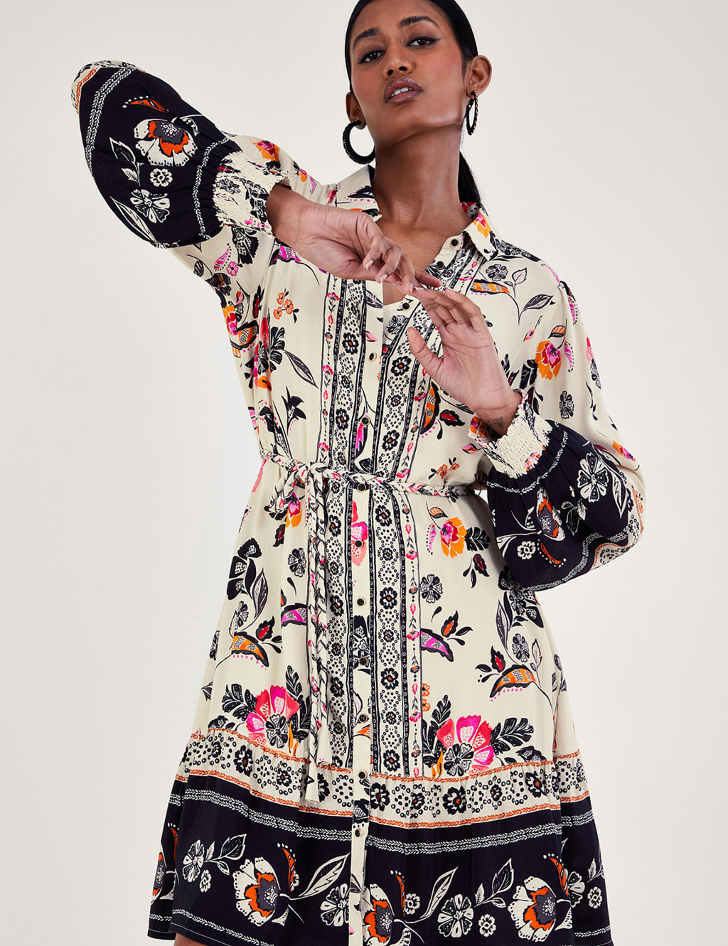Floral Tie Waist Knee Length Shirt Dress image 4