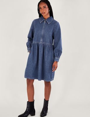 Monsoon Womens Denim Zip Neck Knee Length Shirt Dress - Blue, Blue