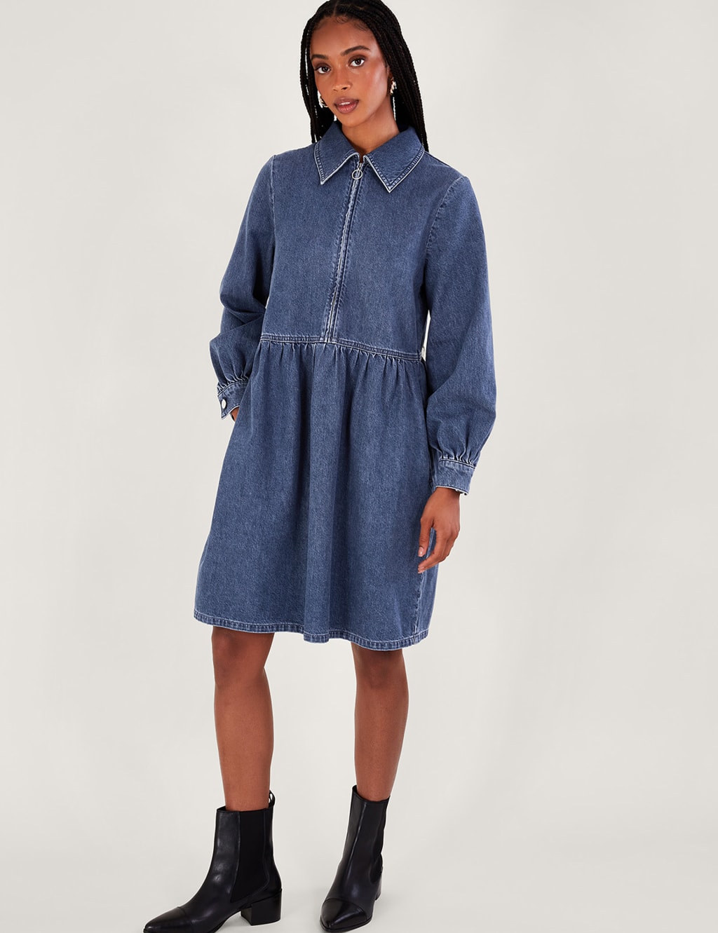 Denim Zip Neck Knee Length Shirt Dress