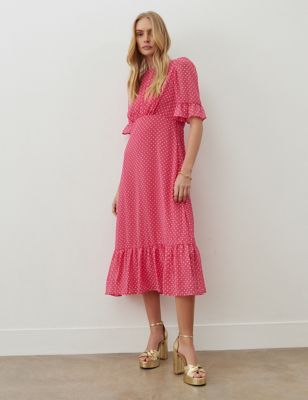 Finery London Women's Polka Dot Midi Tiered Dress - 22 - Pink Mix, Pink Mix