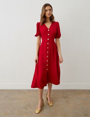 Finery London Womens V-Neck Button Through Midi Tea Dress - 24 - Red, Red,Navy
