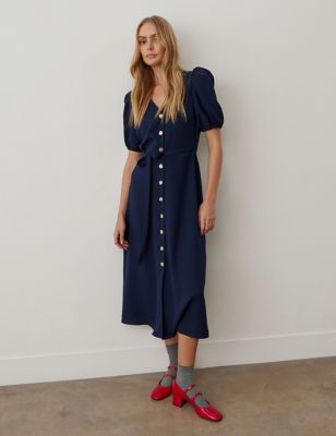 Finery London Womens V-Neck Button Through Midi Tea Dress - 10 - Navy, Navy