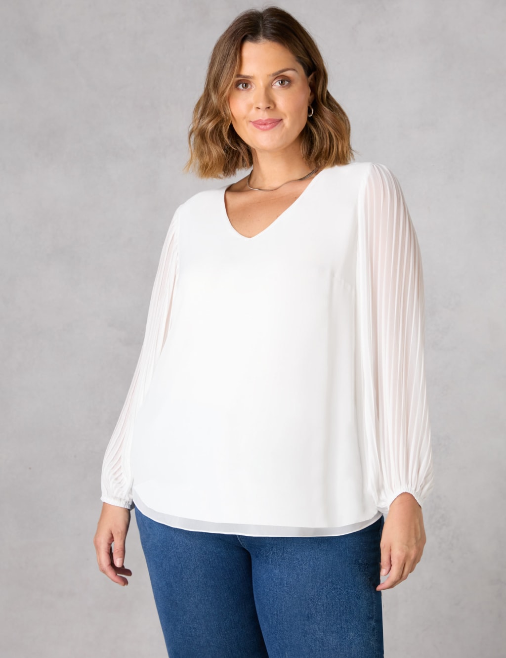 Pleated V-Neck Blouson Sleeve Blouse image 1
