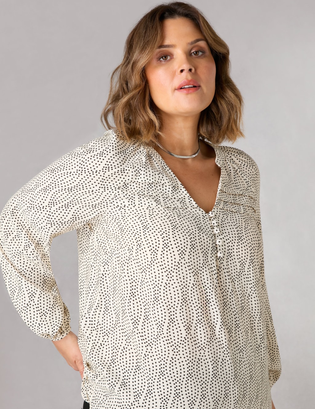 Polka Dot V-Neck Pleated Relaxed Blouse image 3