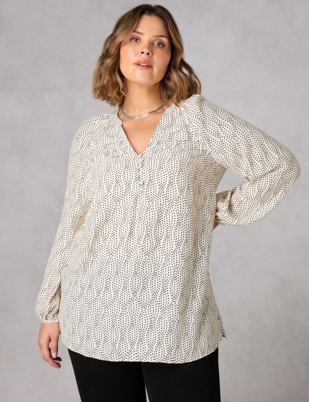 Polka Dot V-Neck Pleated Relaxed Blouse image 6