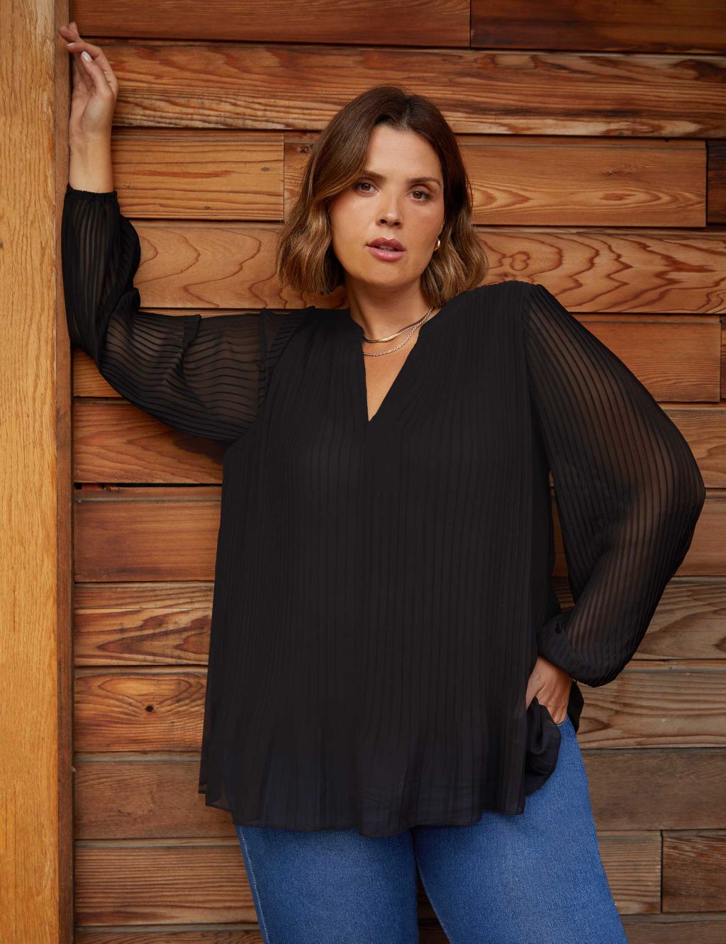 Pleated V-Neck Relaxed Blouse image 1