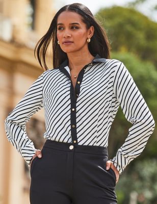 Sosandar Women's Striped Collared Button Through Shirt - 16 - Black Mix, Black Mix