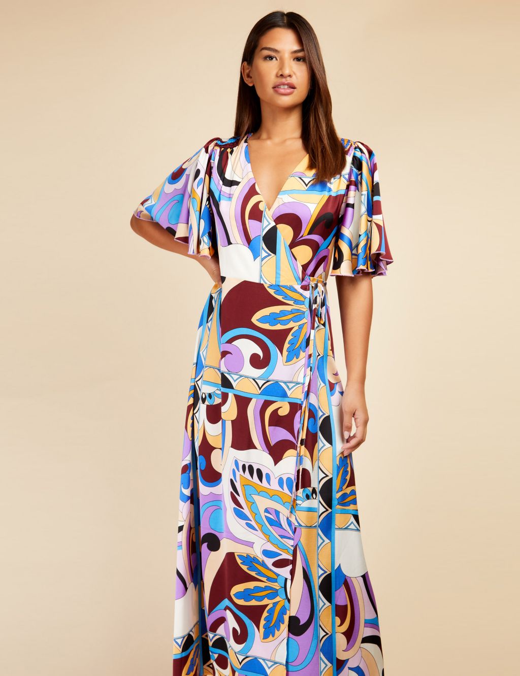 Satin Printed V-Neck Maxi Wrap Dress image 2