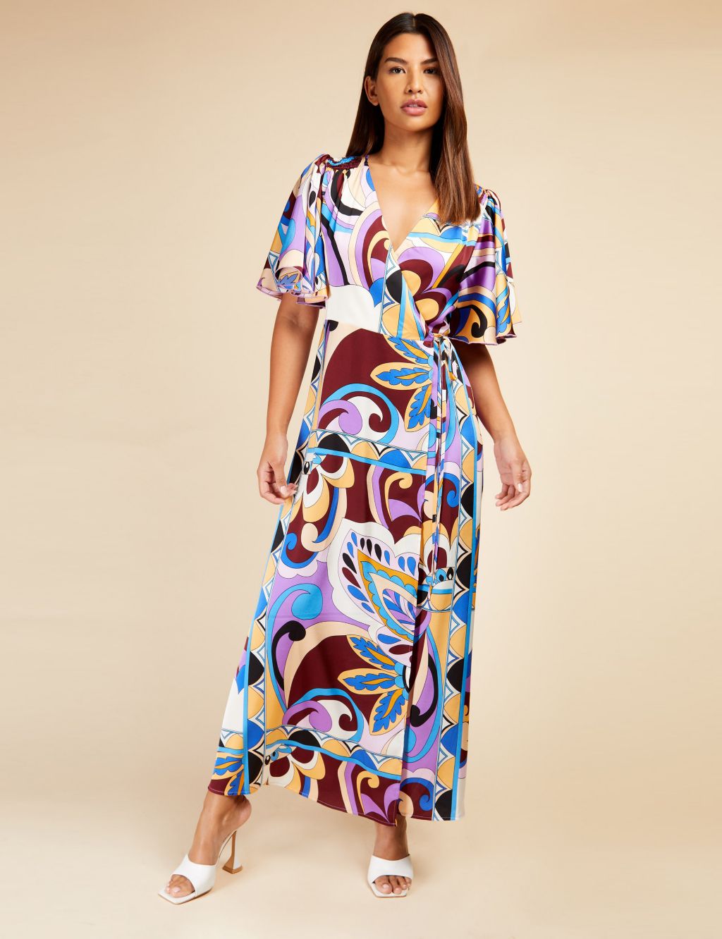 Satin Printed V-Neck Maxi Wrap Dress image 6