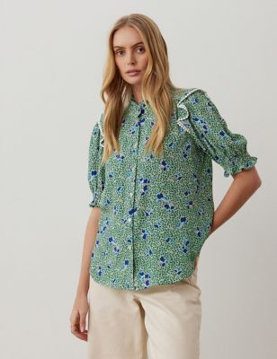 Finery London Womens Floral Frill Detail Puff Sleeve Blouse - 10 - Green Mix, Green Mix