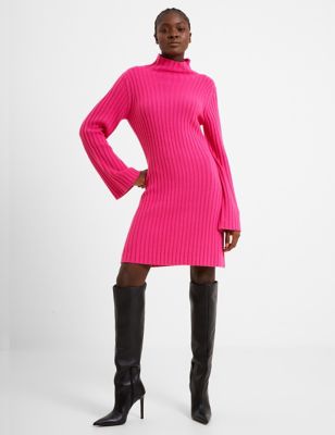 French Connection Women's Textured High Neck Knee Length Jumper Dress - Pink, Pink