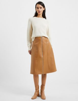French Connection Womens Faux Leather Midi A-Line Skirt - 6 - Brown, Brown