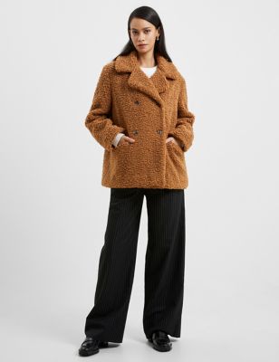French Connection Womens Borg Double Breasted Pea Coat - Brown, Brown