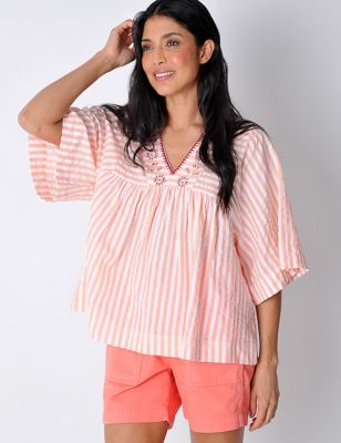 Burgs Women's Pure Cotton Striped V-Neck Blouse - 8 - Pink Mix, Pink Mix