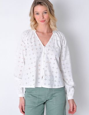 Burgs Women's Pure Cotton Embroidered V-Neck Shirt - 10 - White, White,Navy