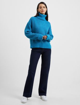 French Connection Women's Ribbed Funnel Neck Jumper - S - Blue, Blue,Pink