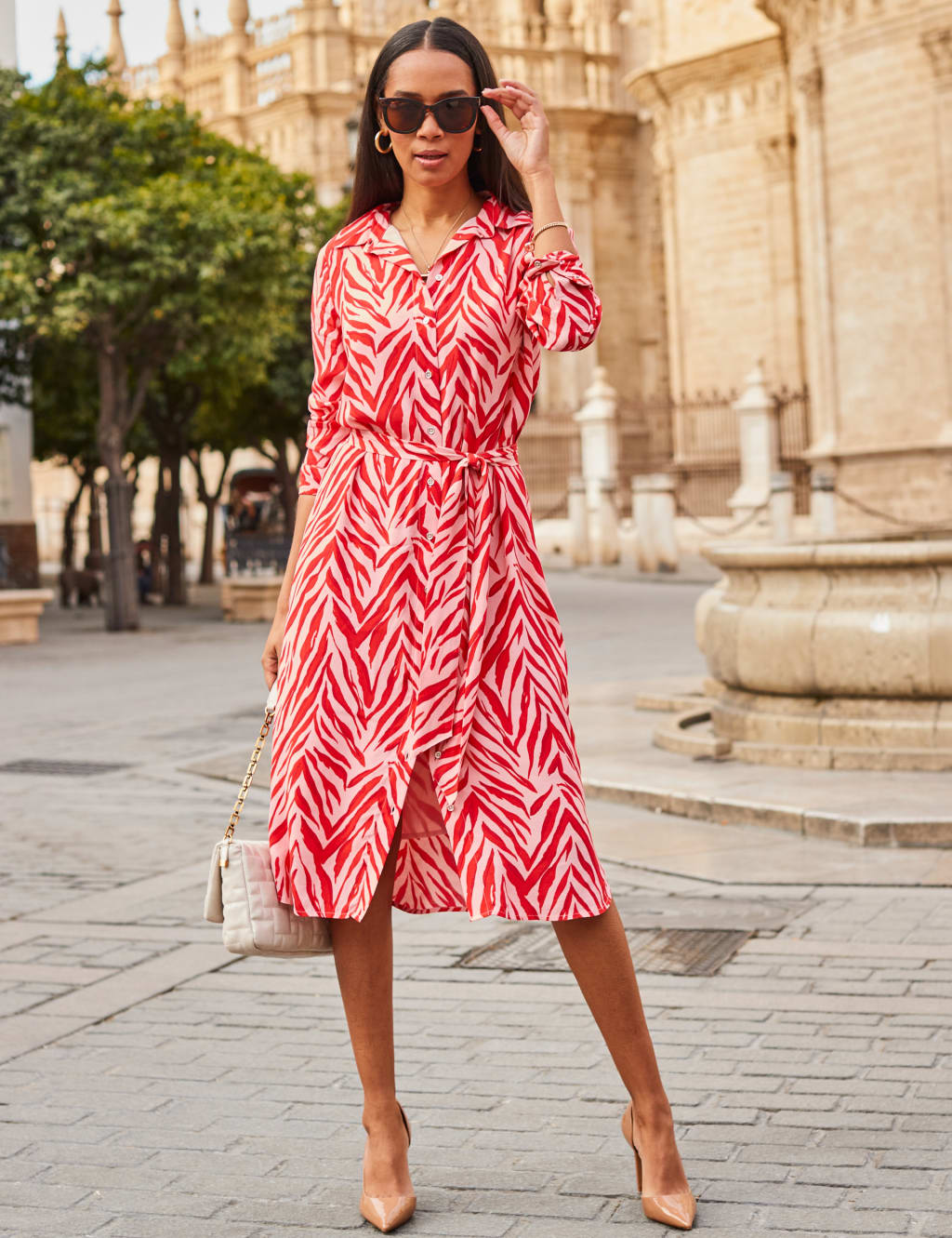 Animal Print Tie Waist Midi Shirt Dress