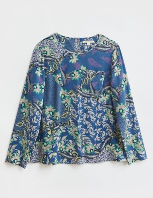 M&S White Stuff Womens Floral Crew Neck Long Sleeve Top with Linen