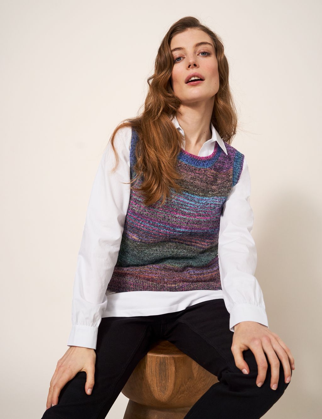 Striped Crew Neck Knitted Vest with Wool image 1