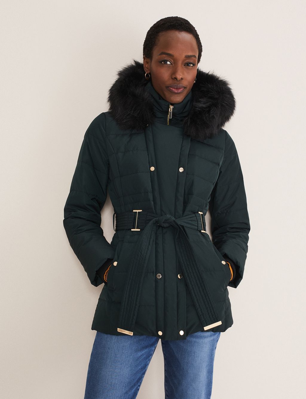 Quilted Hooded Belted Short Puffer Jacket image 1