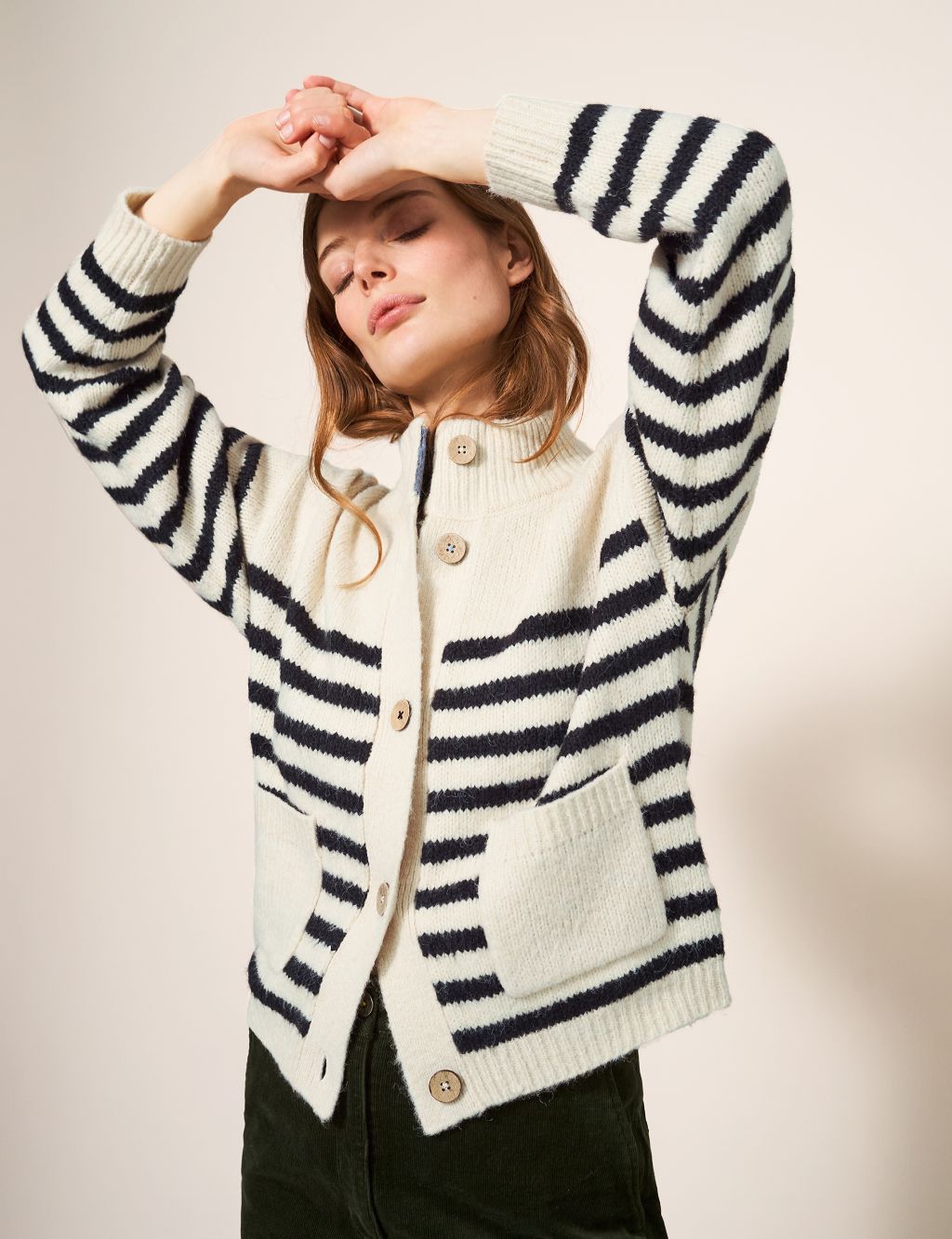 Striped Button Front Cardigan with Wool image 3
