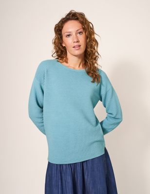 White Stuff Womens Organic Cotton Striped Textured Jumper - 6 - Teal, Teal